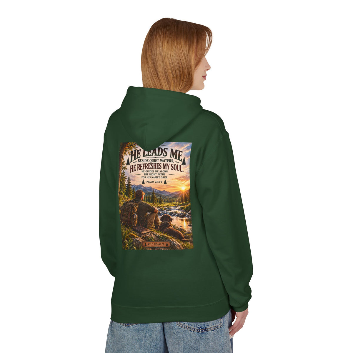 Men's Hoodie — "He Leads Me" Scenic Christian Outdoors Hoodie