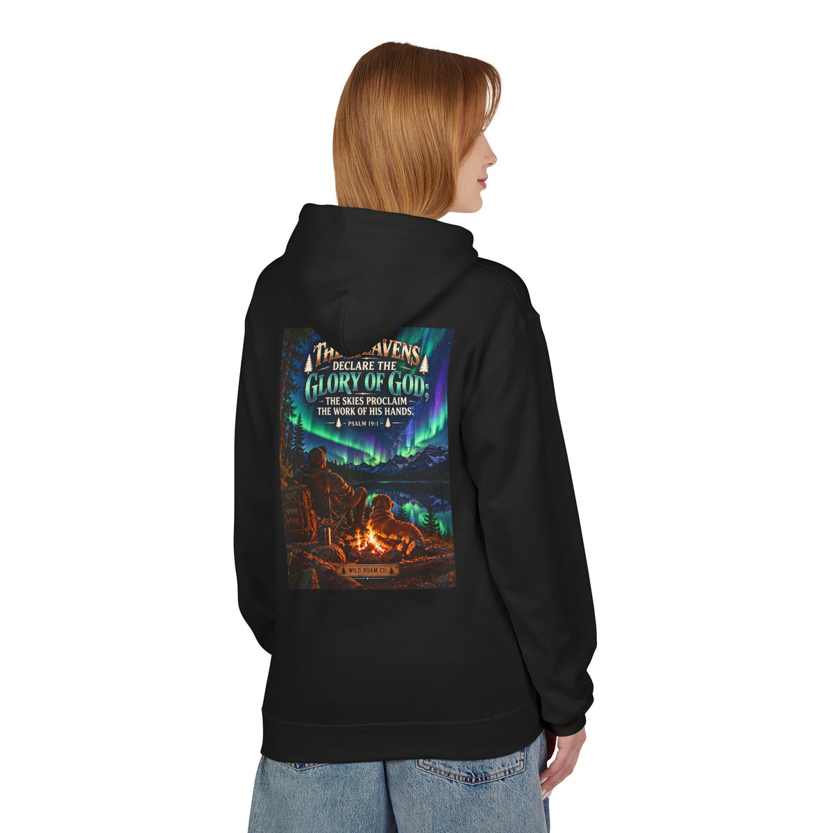 Men's Wilderness Campfire Hoodie — "The Heavens Declare" Scenic Christian Adventure Pullover