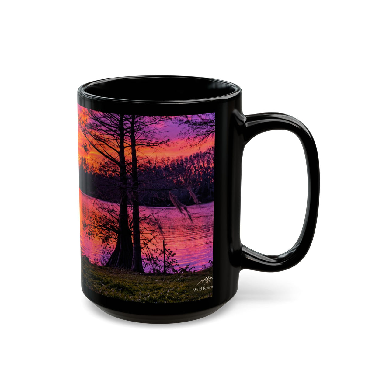 Sunset Lake Black Mug — Vibrant Purple-Orange Scenic Coffee Cup (11oz, 15oz)