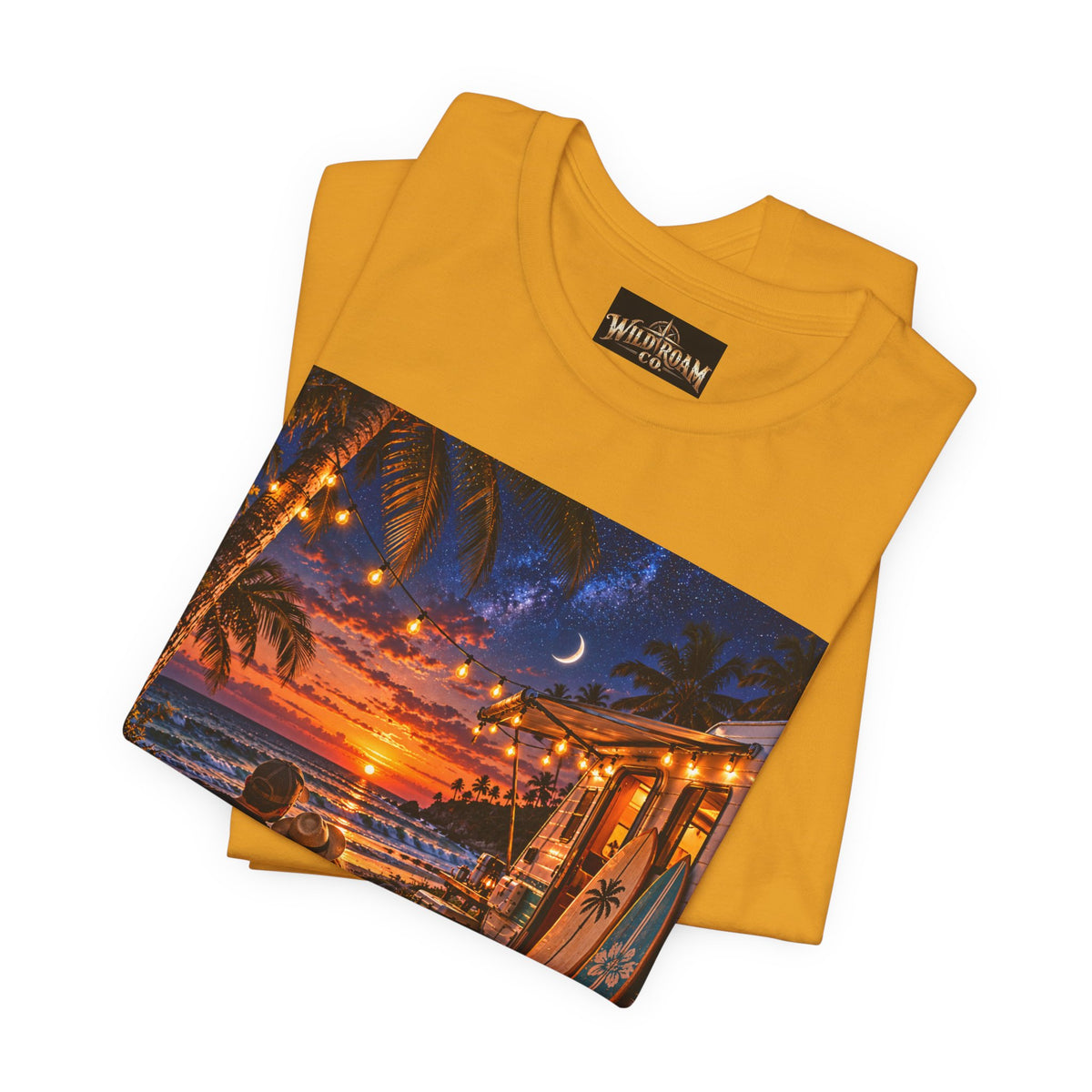 Beach Bonfire Sunset T-Shirt — Surfboard Campfire Coastal Graphic Tee
