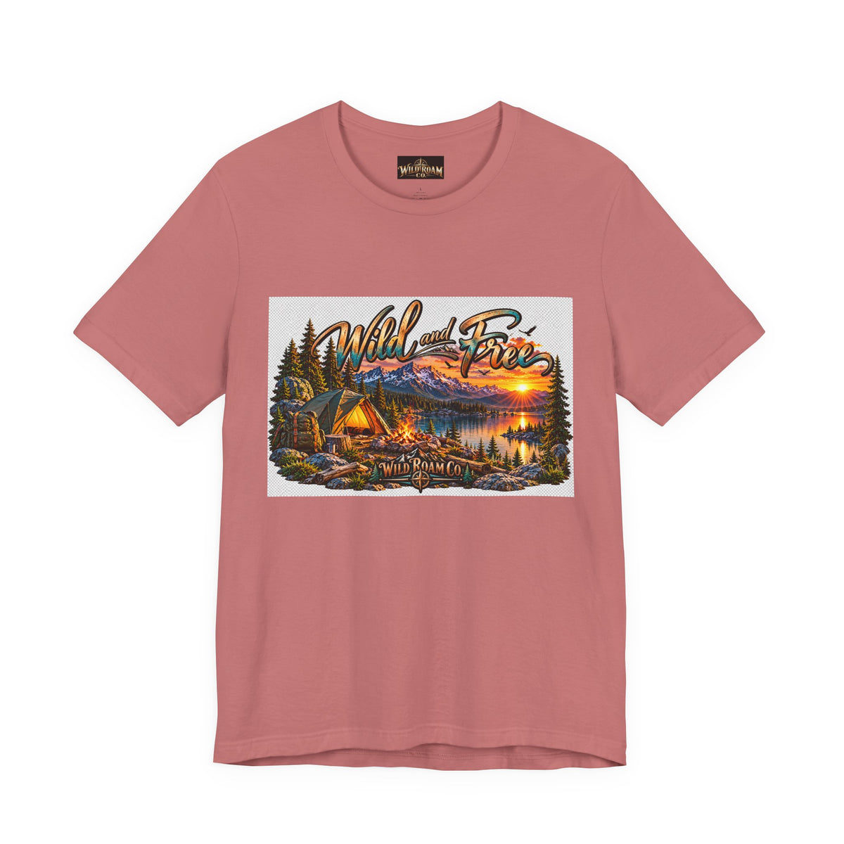 Wild and Free Camping T-Shirt — Mountain Lake Sunset Graphic Tee