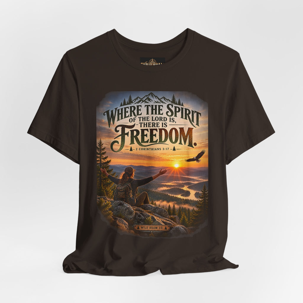 Women's Freedom Sunrise Tee — "Where the Spirit of the Lord is, there is Freedom" Christian T‑Shirt