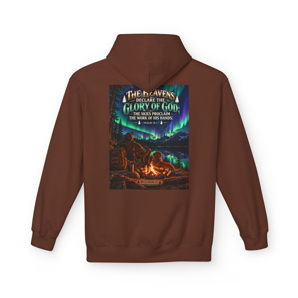 Men's Wilderness Campfire Hoodie — "The Heavens Declare" Scenic Christian Adventure Pullover
