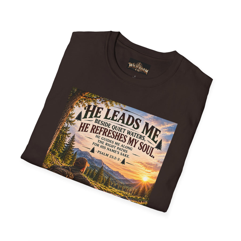 Men's He Leads Me Psalm 23 Scenic T-Shirt — Christian Faith Outdoors Graphic Tee