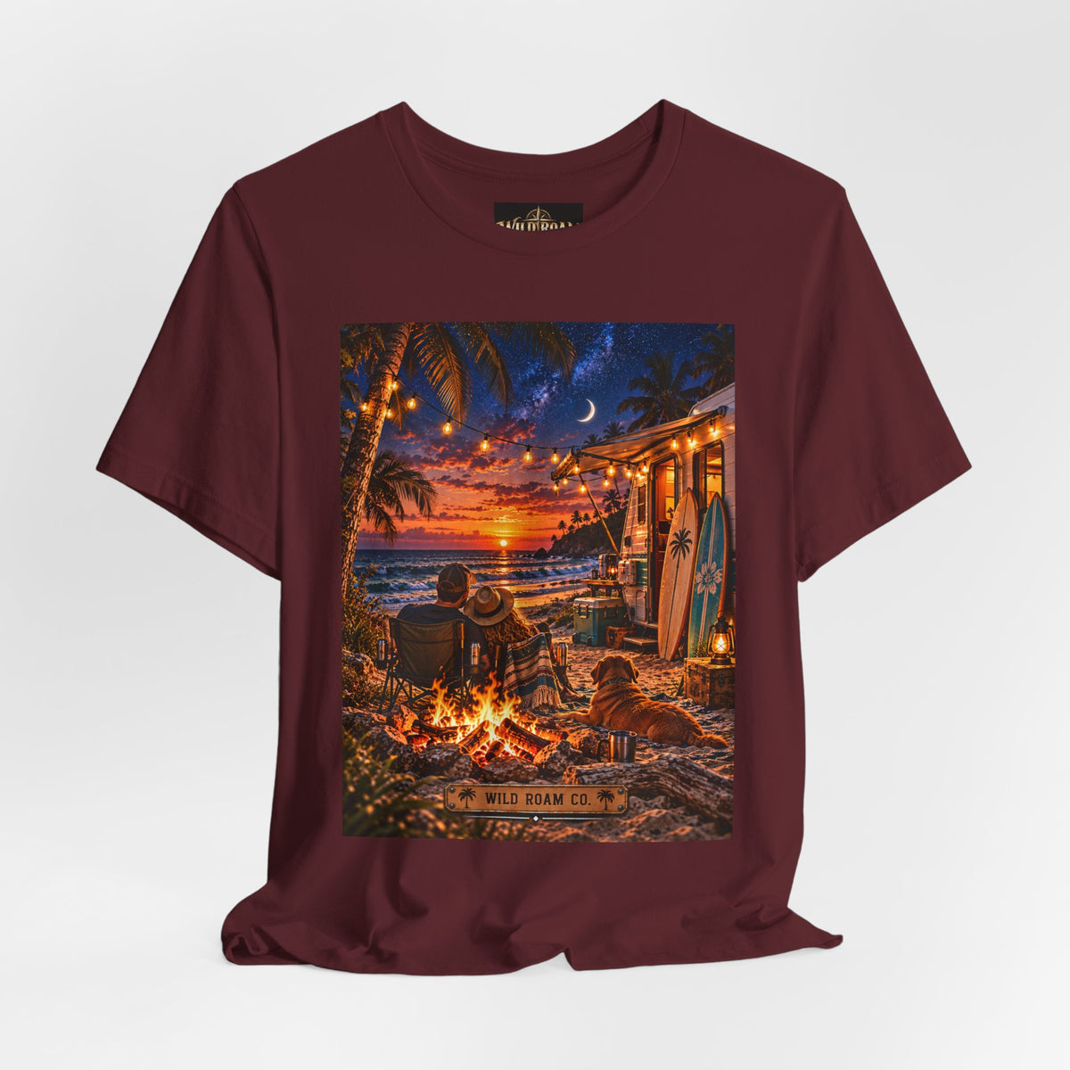 Beach Bonfire Sunset T-Shirt — Surfboard Campfire Coastal Graphic Tee