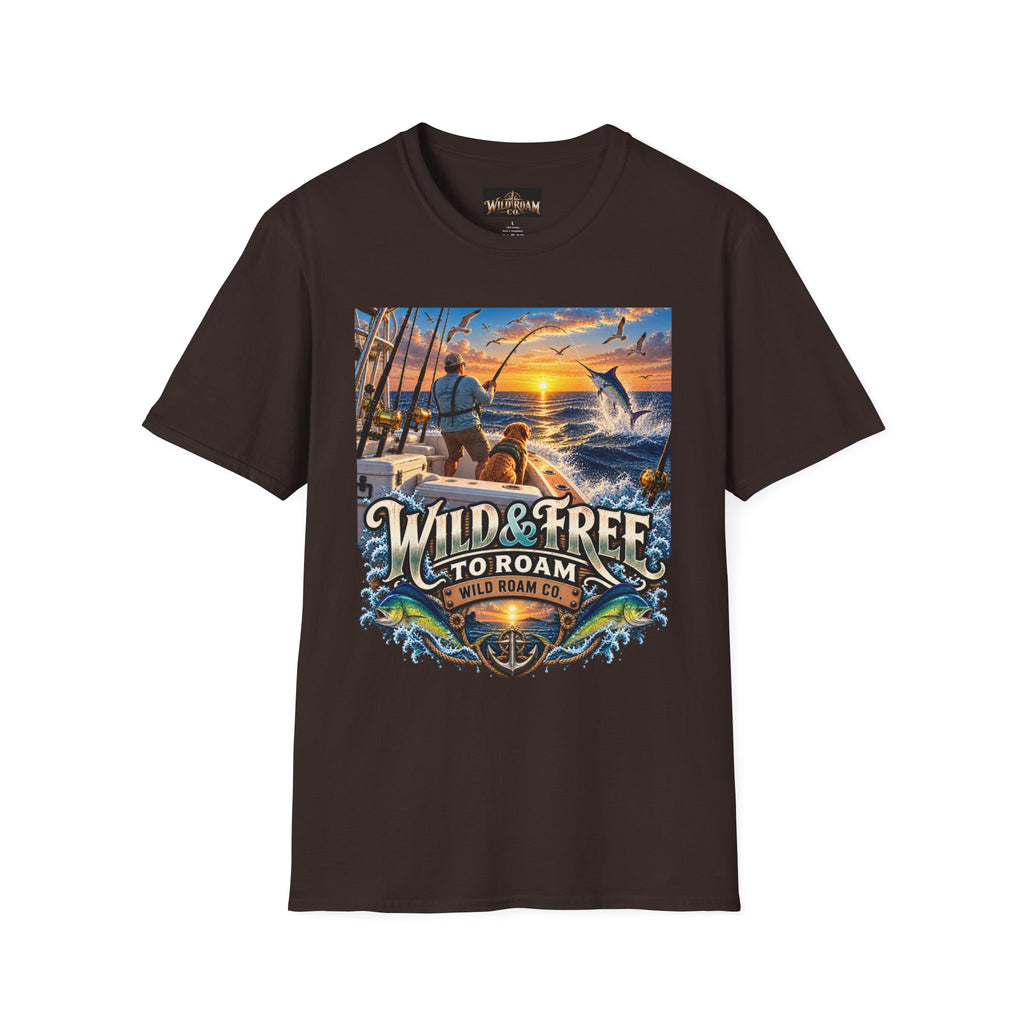 Wild & Free to Roam Fishing T-Shirt — Ocean Sunset Angler Tee