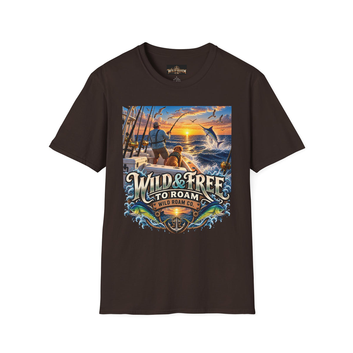 Wild & Free to Roam Fishing T-Shirt — Ocean Sunset Angler Tee