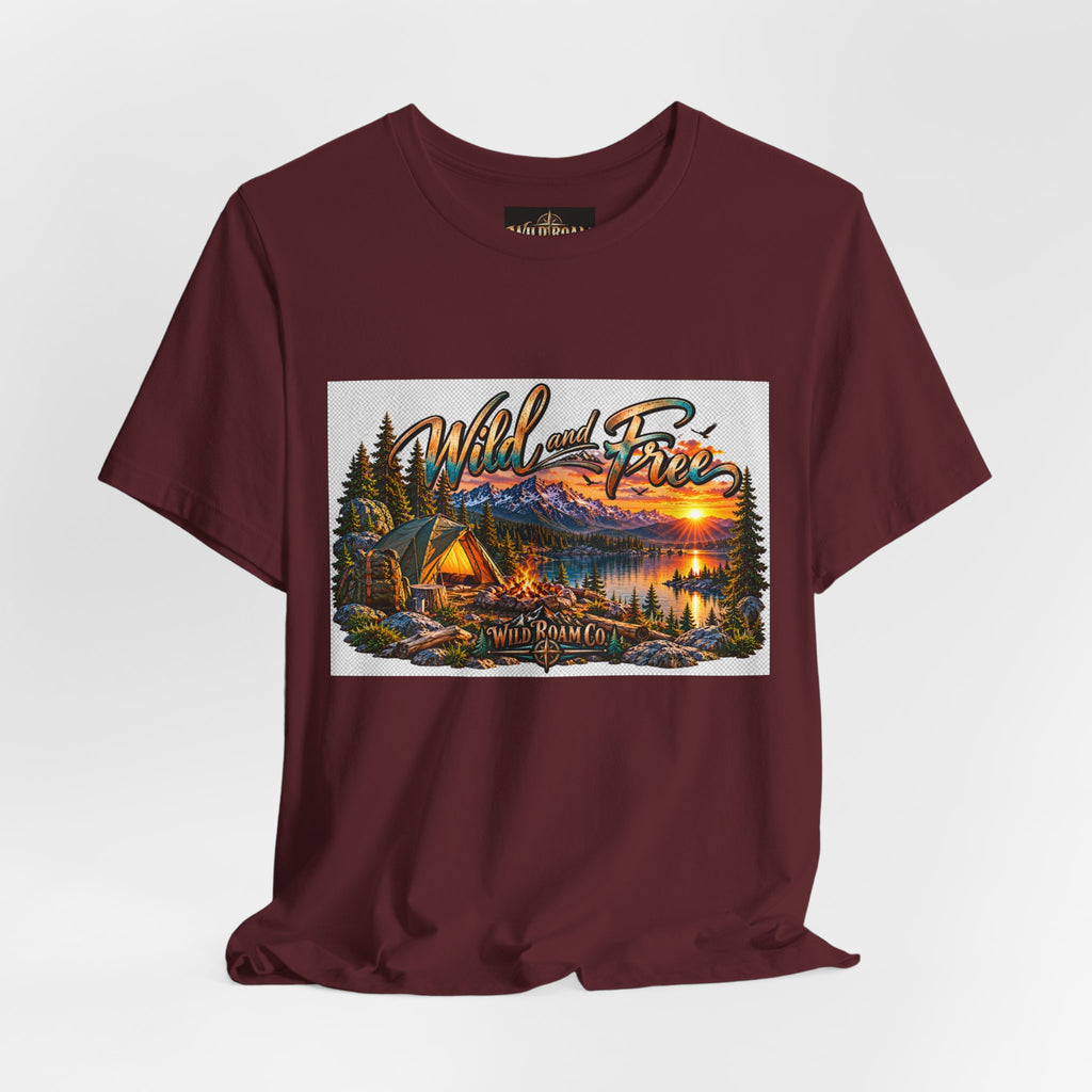 Wild and Free Camping T-Shirt — Mountain Lake Sunset Graphic Tee