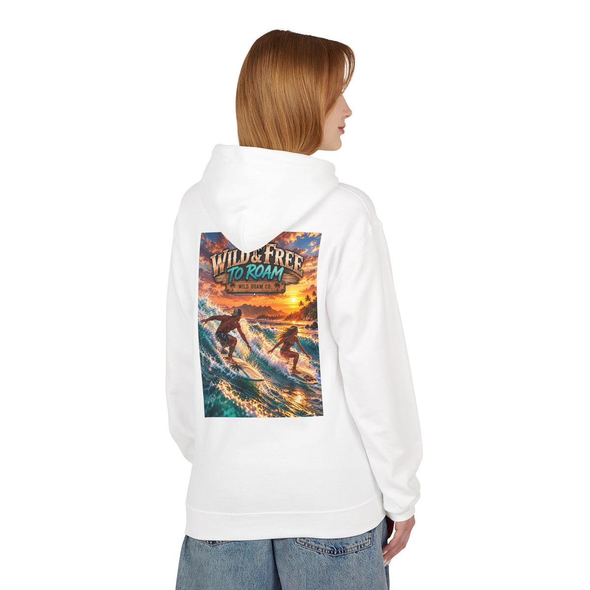 Surf Adventure Hoodie — "Wild & Free to Roam" Sunset Surf Graphic