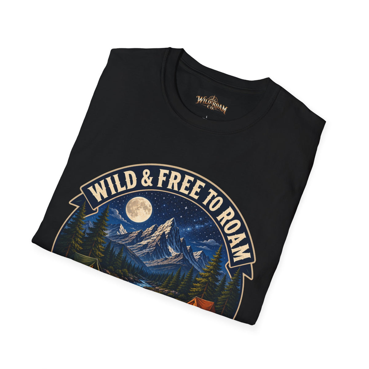 Camping T-Shirt — "Wild & Free to Roam" Mountain Campfire Graphic