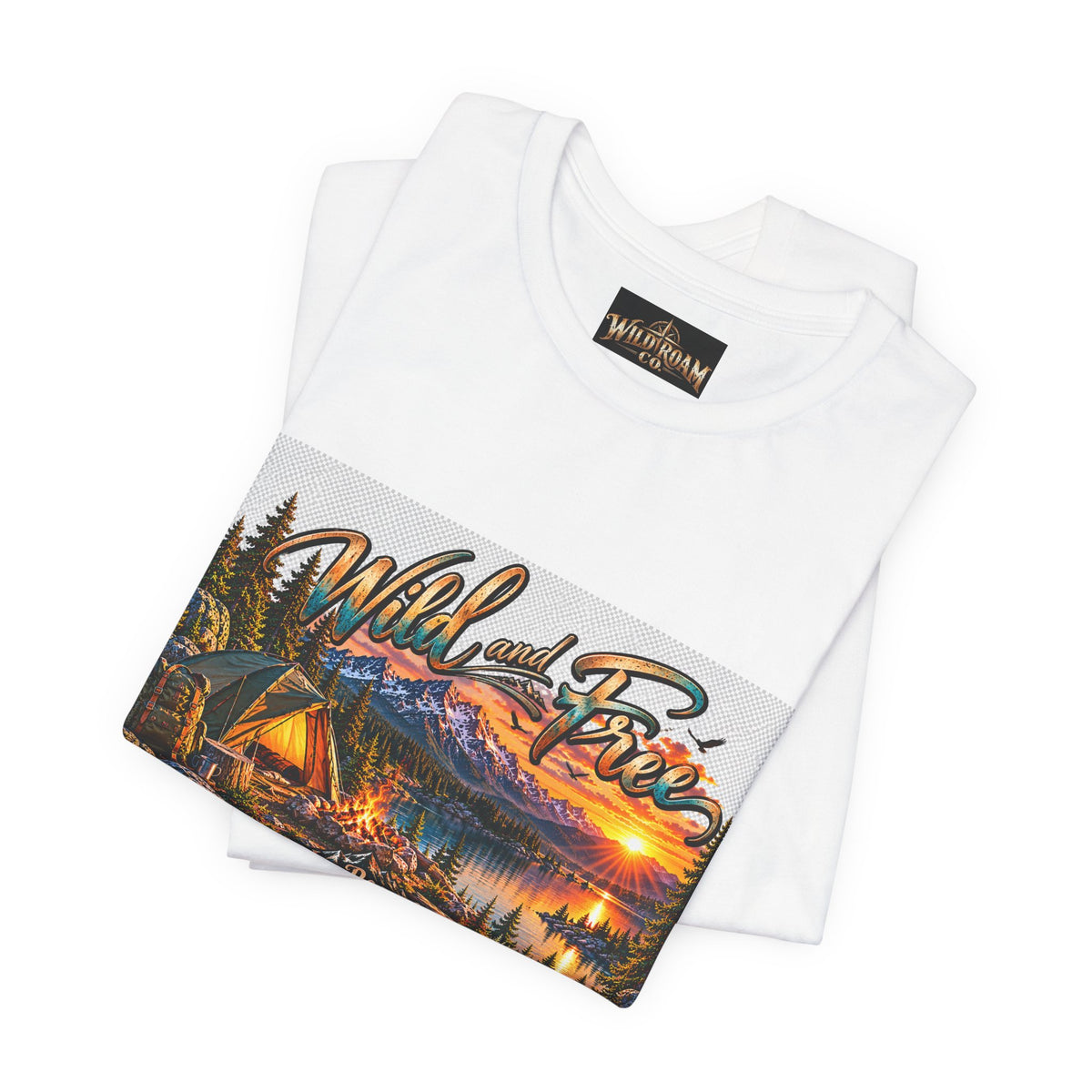 Wild and Free Camping T-Shirt — Mountain Lake Sunset Graphic Tee