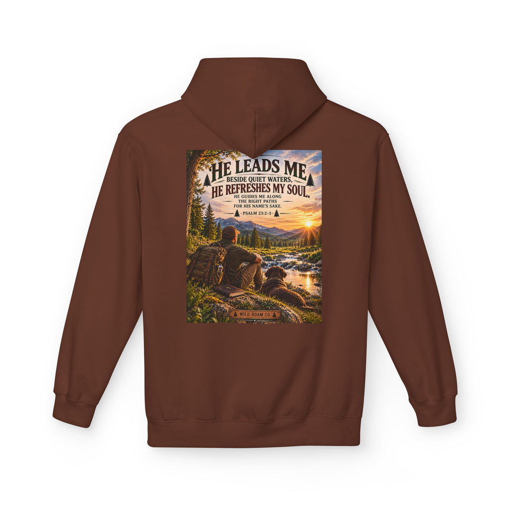 Men's Hoodie — "He Leads Me" Scenic Christian Outdoors Hoodie
