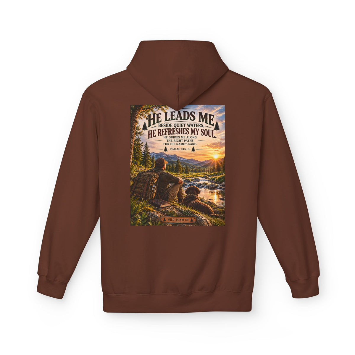 Men's Hoodie — "He Leads Me" Scenic Christian Outdoors Hoodie
