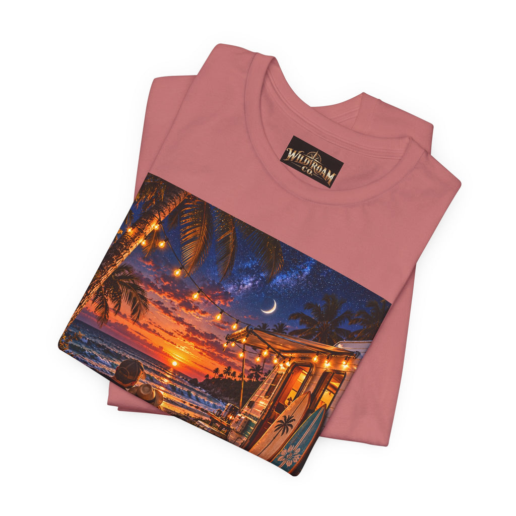 Beach Bonfire Sunset T-Shirt — Surfboard Campfire Coastal Graphic Tee