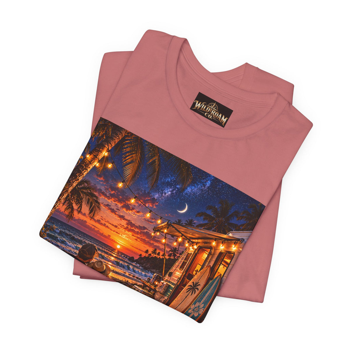 Beach Bonfire Sunset T-Shirt — Surfboard Campfire Coastal Graphic Tee