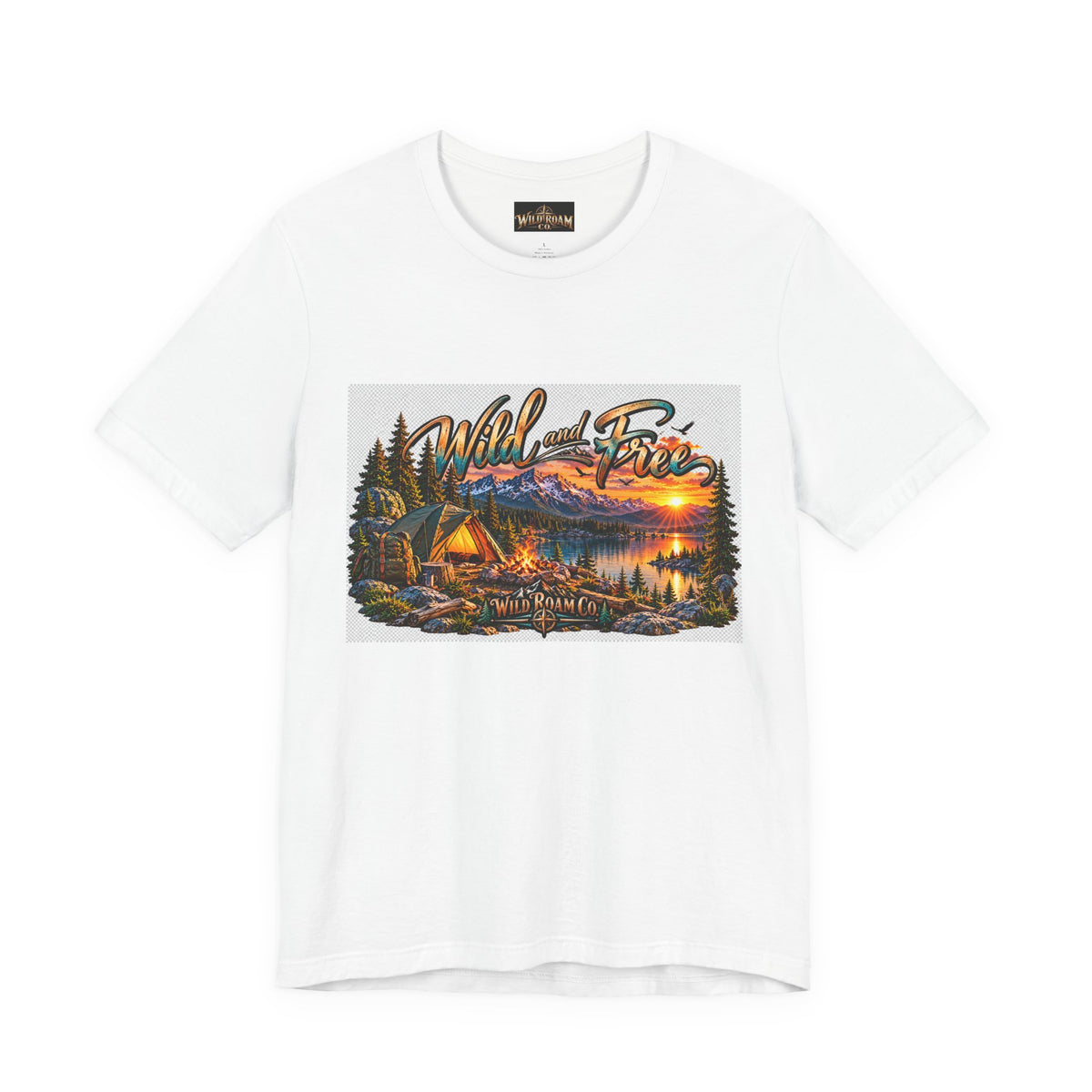 Wild and Free Camping T-Shirt — Mountain Lake Sunset Graphic Tee