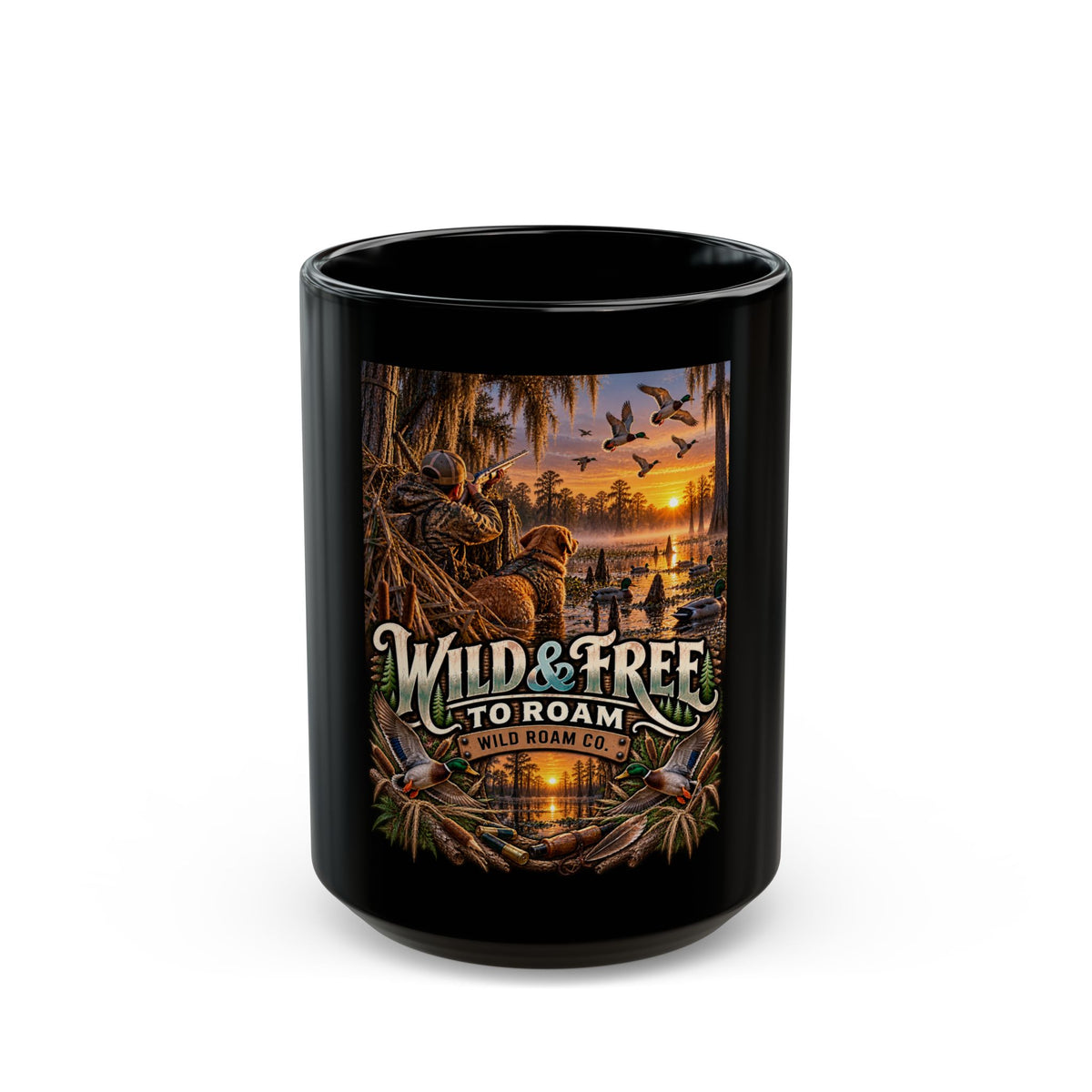 Wild & Free To Roam Black Coffee Mug – Duck Outdoor Hunting & Fishing Sunset Design (11oz/15oz)