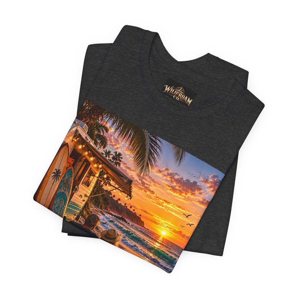 Sunset Surf Camp Tee — Beach Sunset Couple Graphic T-Shirt