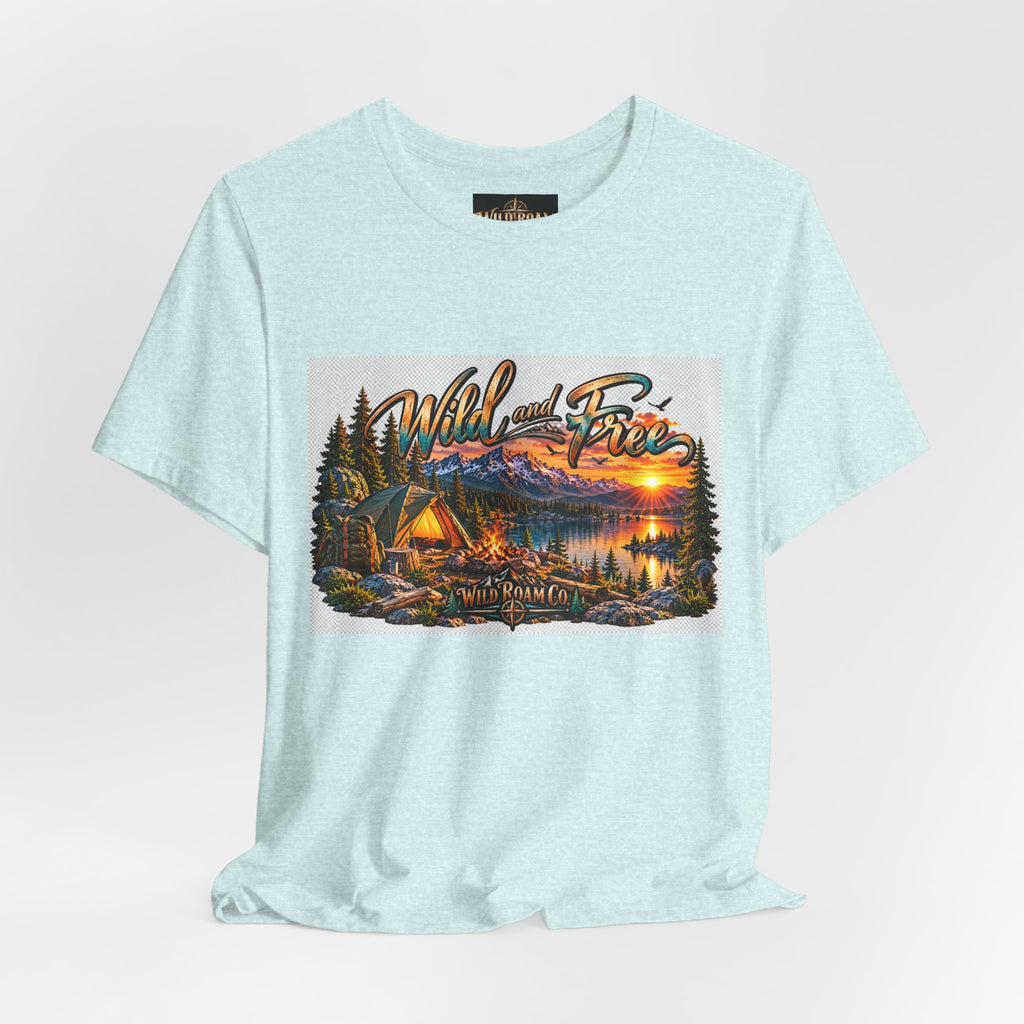Wild and Free Camping T-Shirt — Mountain Lake Sunset Graphic Tee