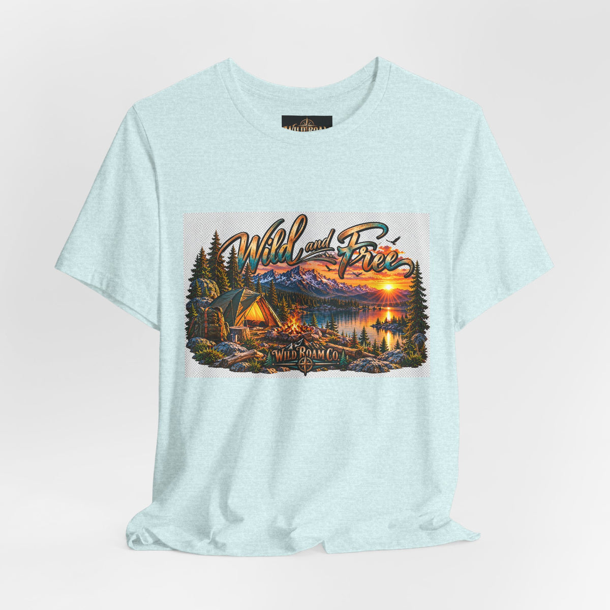 Wild and Free Camping T-Shirt — Mountain Lake Sunset Graphic Tee