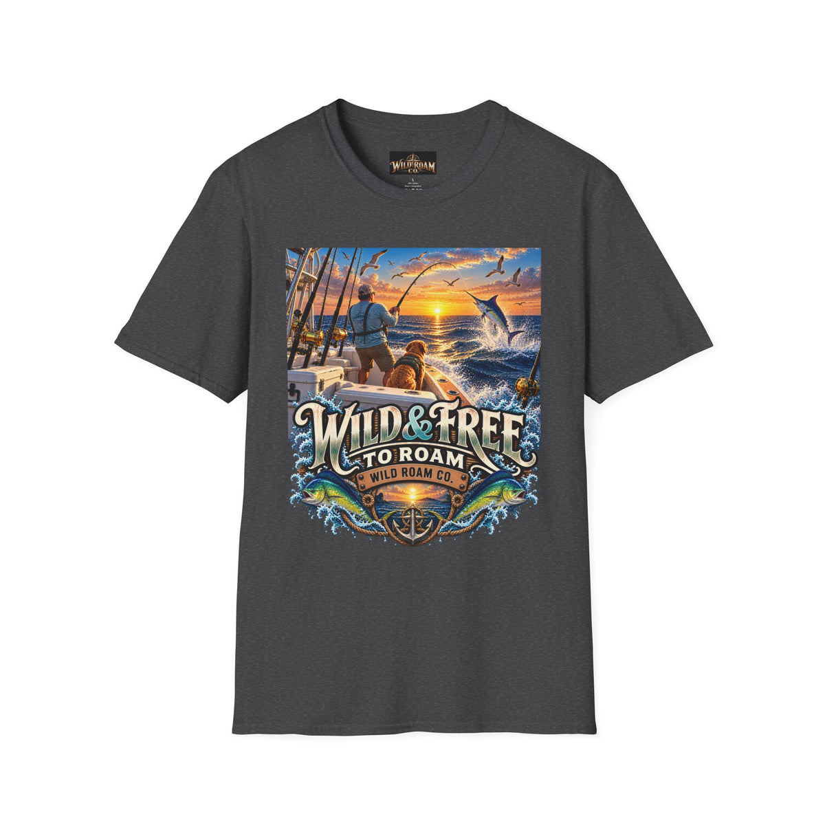 Wild & Free to Roam Fishing T-Shirt — Ocean Sunset Angler Tee