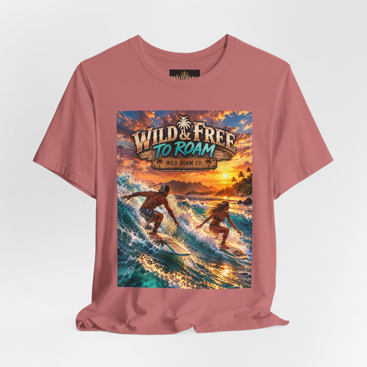 Surfing Sunset T‑Shirt — "Wild & Free to Roam" Beach Graphic Tee