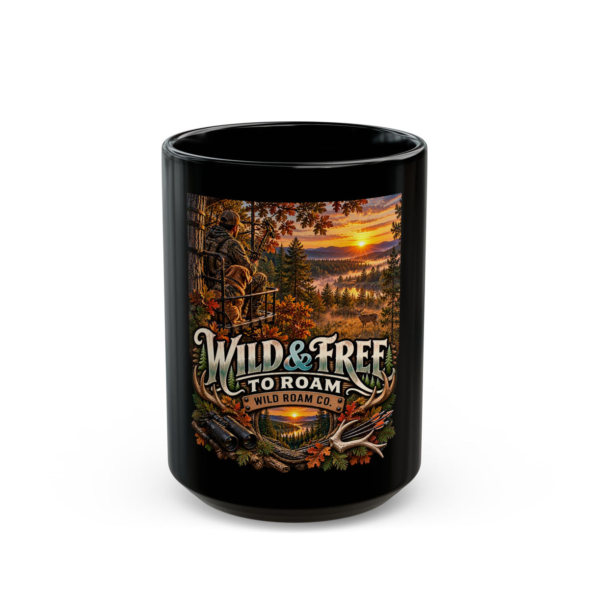 Wild & Free to Roam Black Coffee Mug — Deer Stand Rustic Hunting Sunset 11oz/15oz