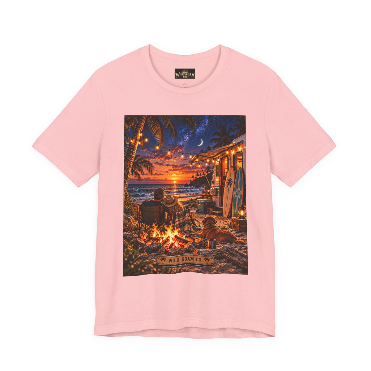 Beach Bonfire Sunset T-Shirt — Surfboard Campfire Coastal Graphic Tee