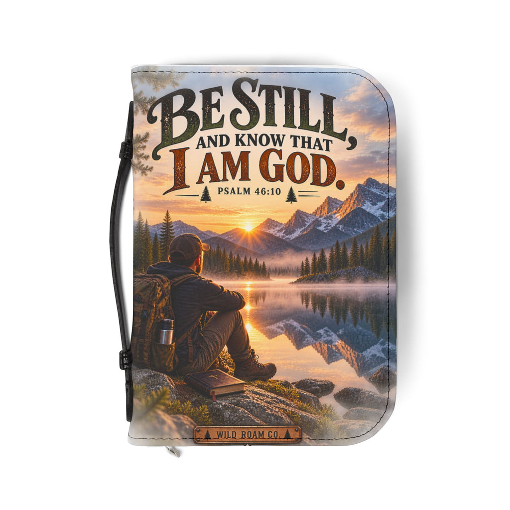 Men's Bible Cover — "Be Still and Know That I Am God" Psalm 46:10 Scenic Mountain Design