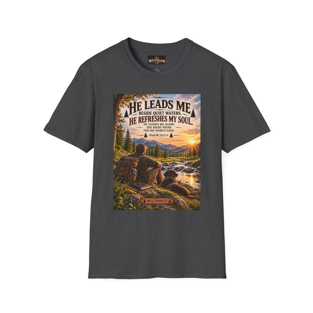Men's He Leads Me Psalm 23 Scenic T-Shirt — Christian Faith Outdoors Graphic Tee