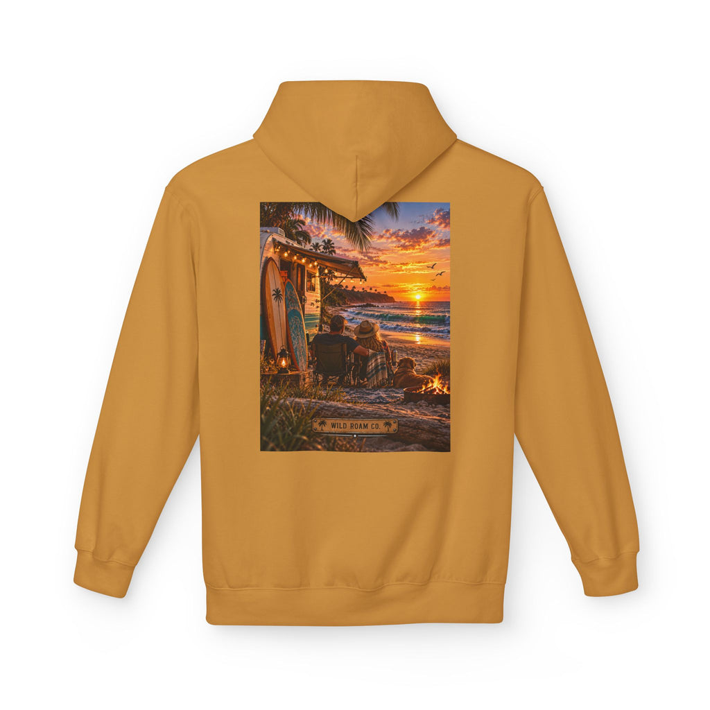 Wild Roam Co Hoodie--Surf Sunset Graphic Hoodie (Beach Sunset Surf Shack Design)