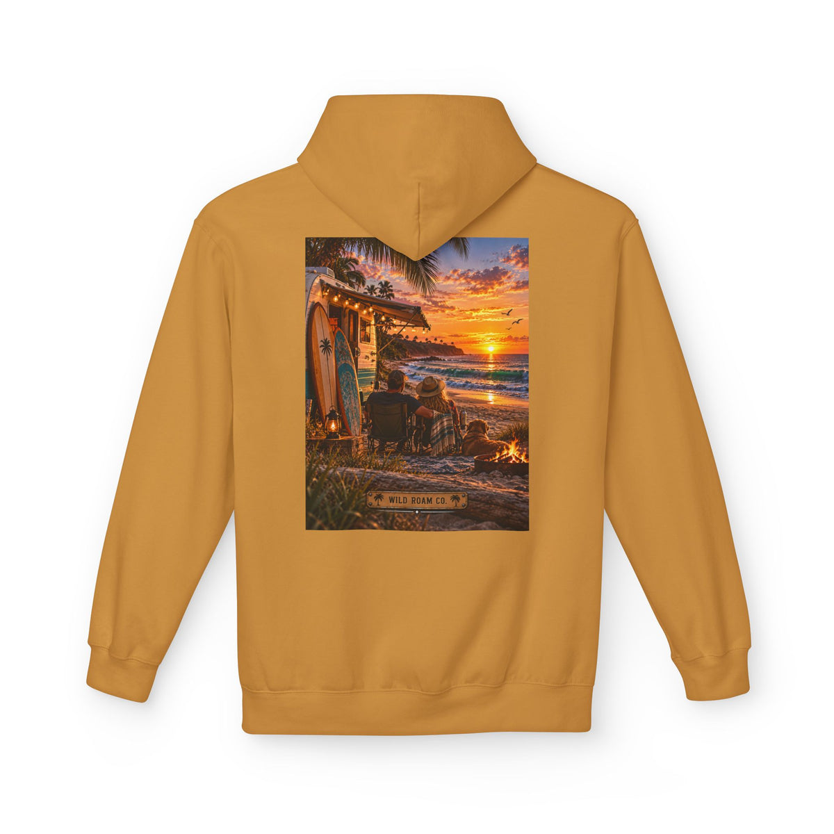 Wild Roam Co Hoodie--Surf Sunset Graphic Hoodie (Beach Sunset Surf Shack Design)