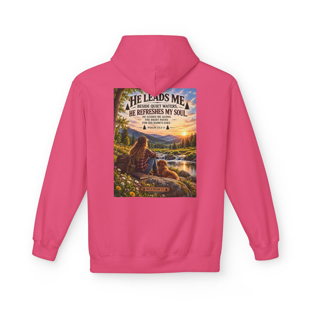 Women's Wild Roam Co. Scenic Hoodie — "He Leads Me Beside Quiet Waters" Inspirational Nature Pullover