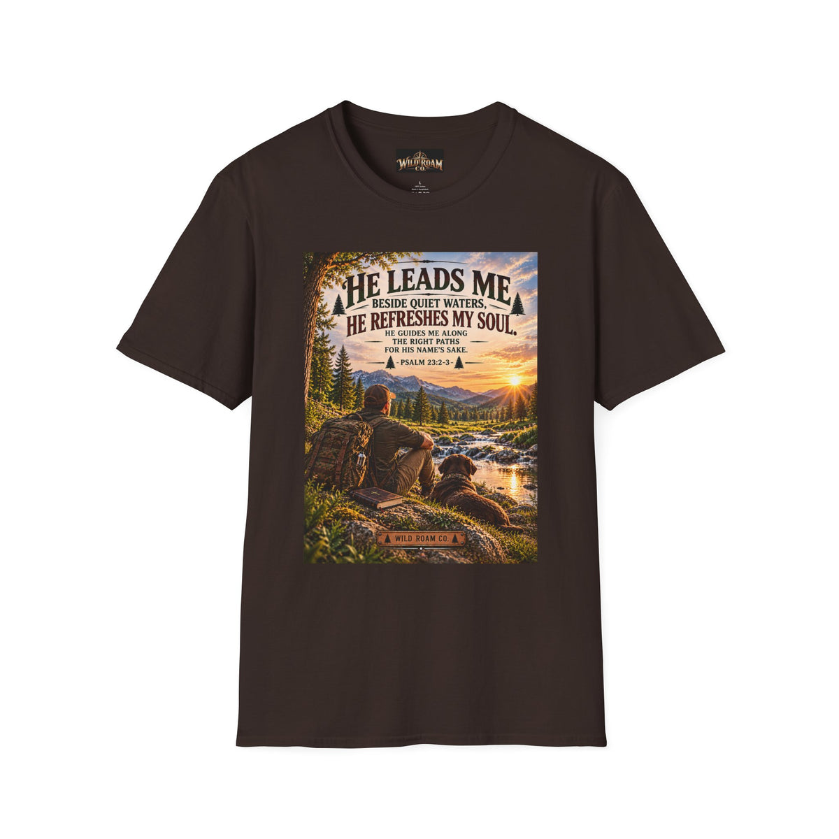 Men's He Leads Me Psalm 23 Scenic T-Shirt — Christian Faith Outdoors Graphic Tee