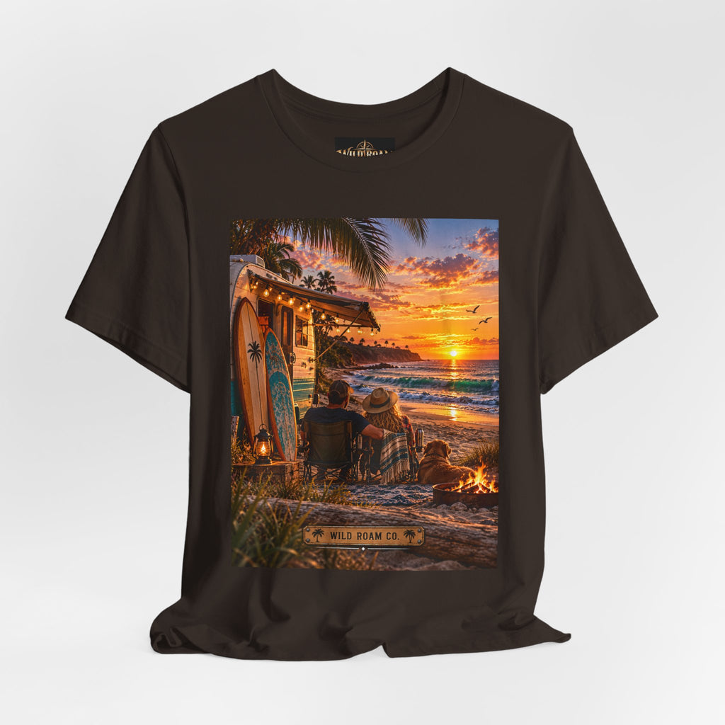 Sunset Surf Camp Tee — Beach Sunset Couple Graphic T-Shirt