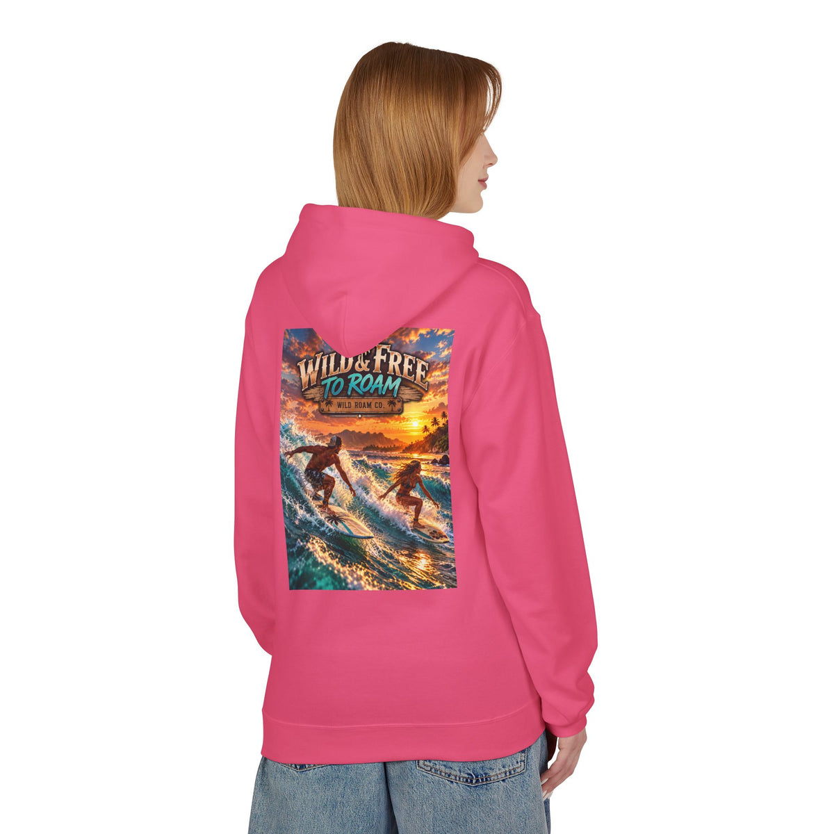 Surf Adventure Hoodie — "Wild & Free to Roam" Sunset Surf Graphic