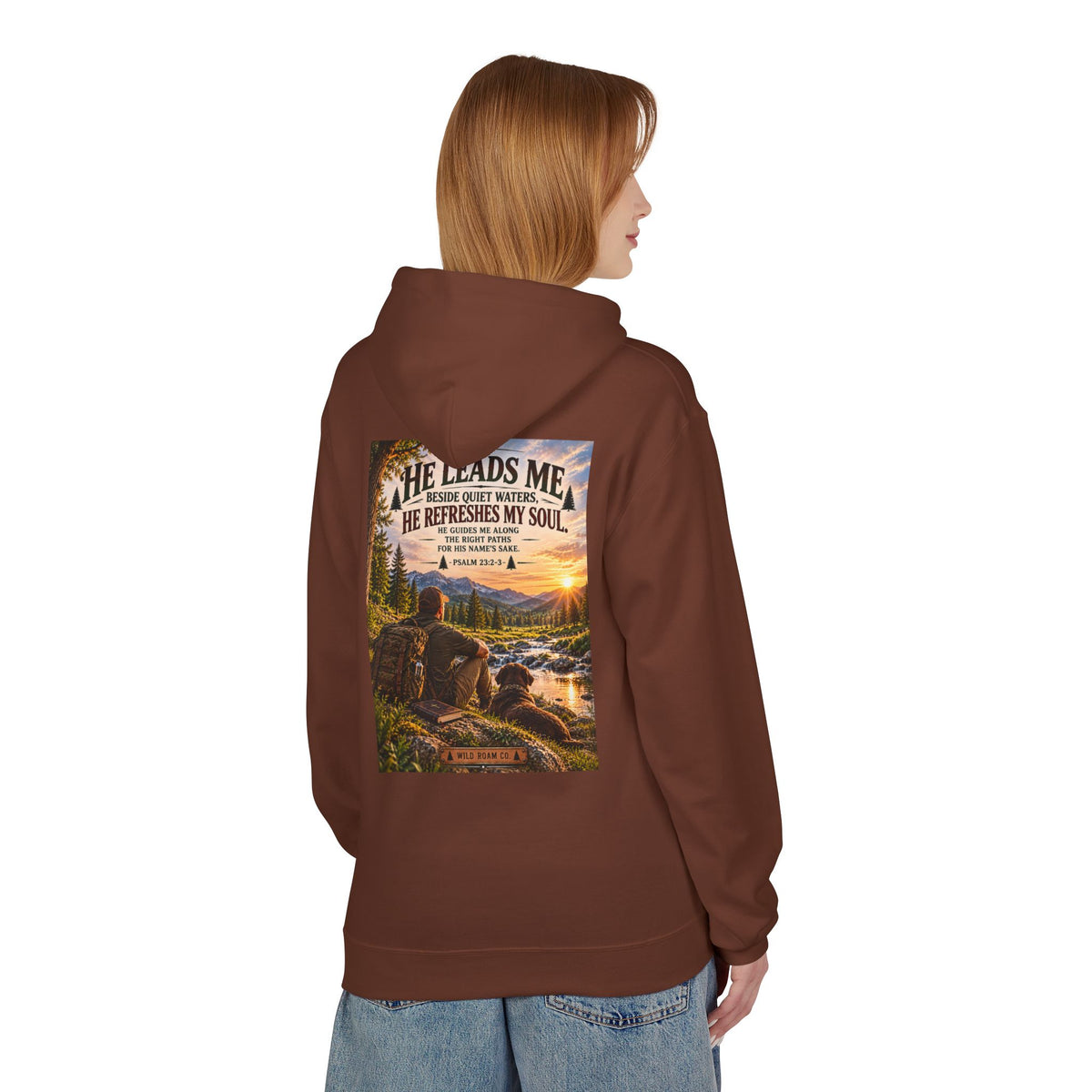 Men's Hoodie — "He Leads Me" Scenic Christian Outdoors Hoodie