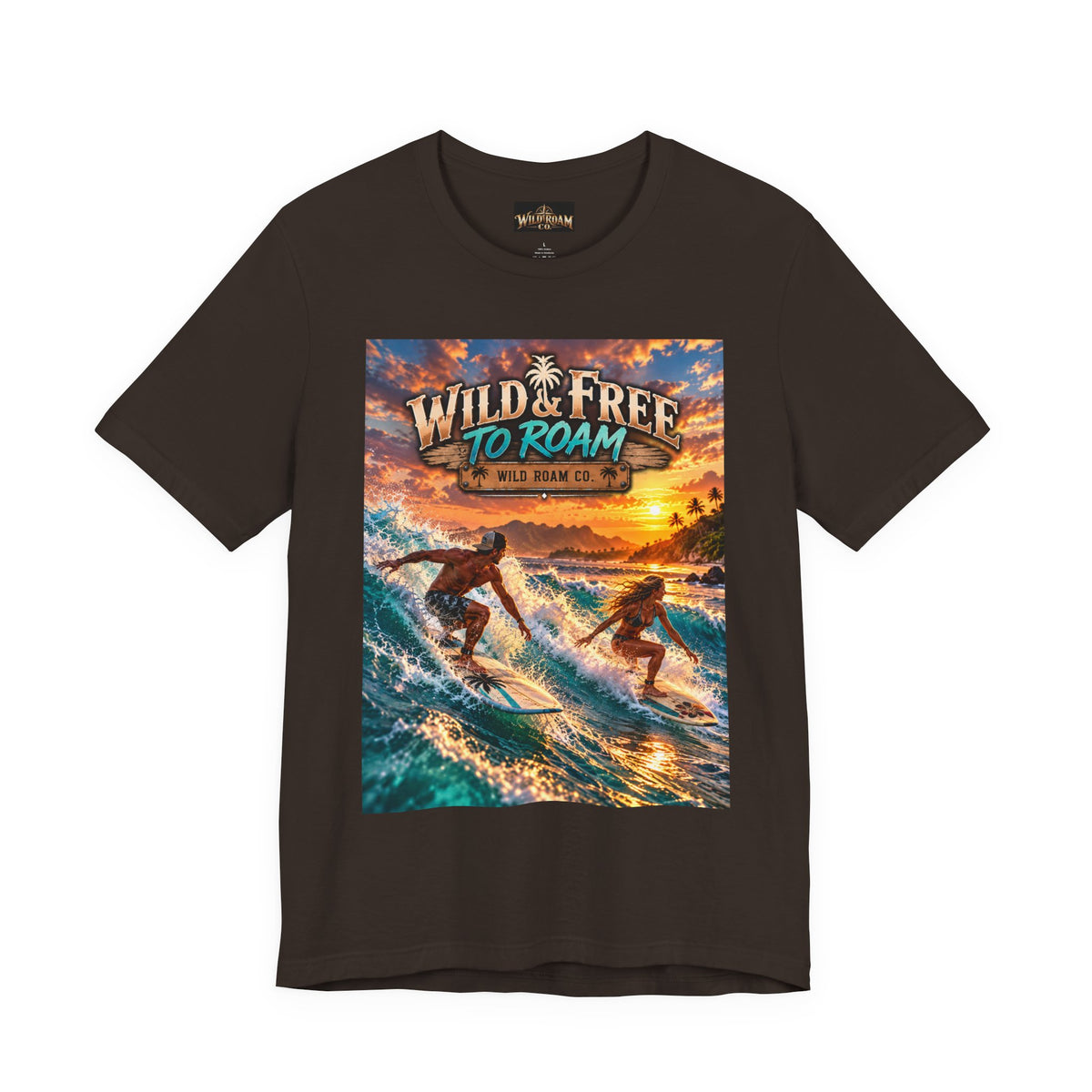 Surfing Sunset T‑Shirt — "Wild & Free to Roam" Beach Graphic Tee