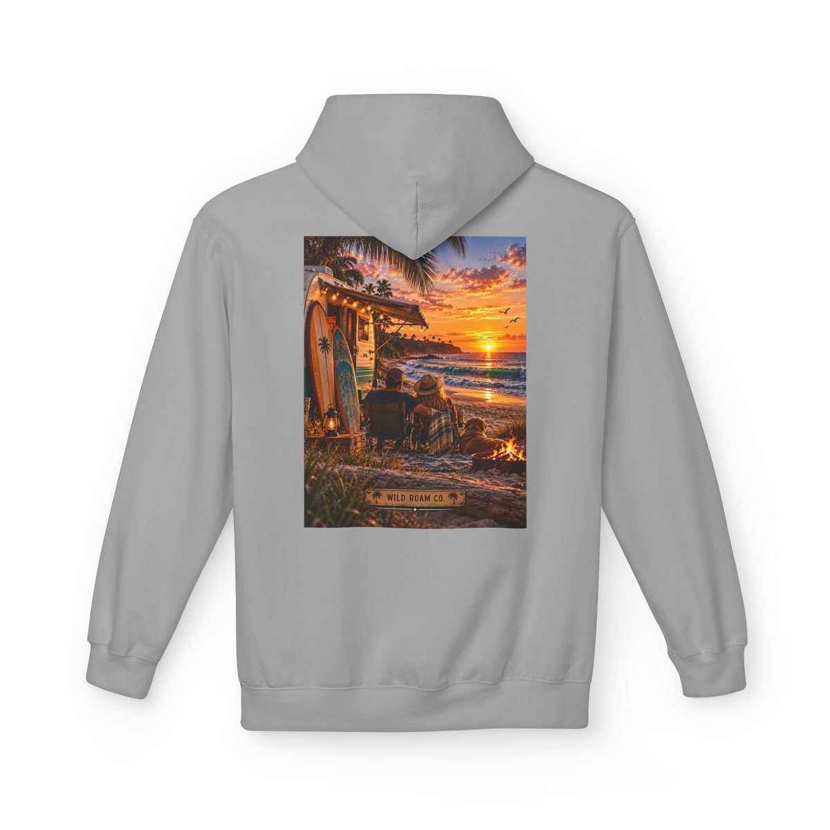 Wild Roam Co Hoodie--Surf Sunset Graphic Hoodie (Beach Sunset Surf Shack Design)