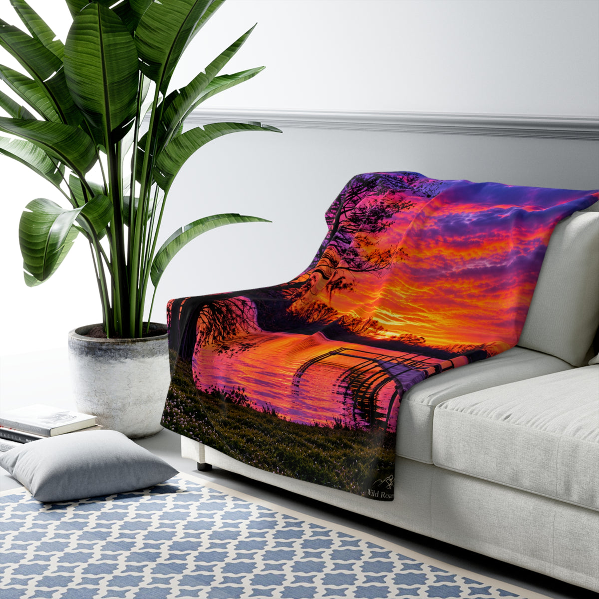 Sunset Lake Sherpa Blanket — Vibrant Dock & Sky Fleece Throw