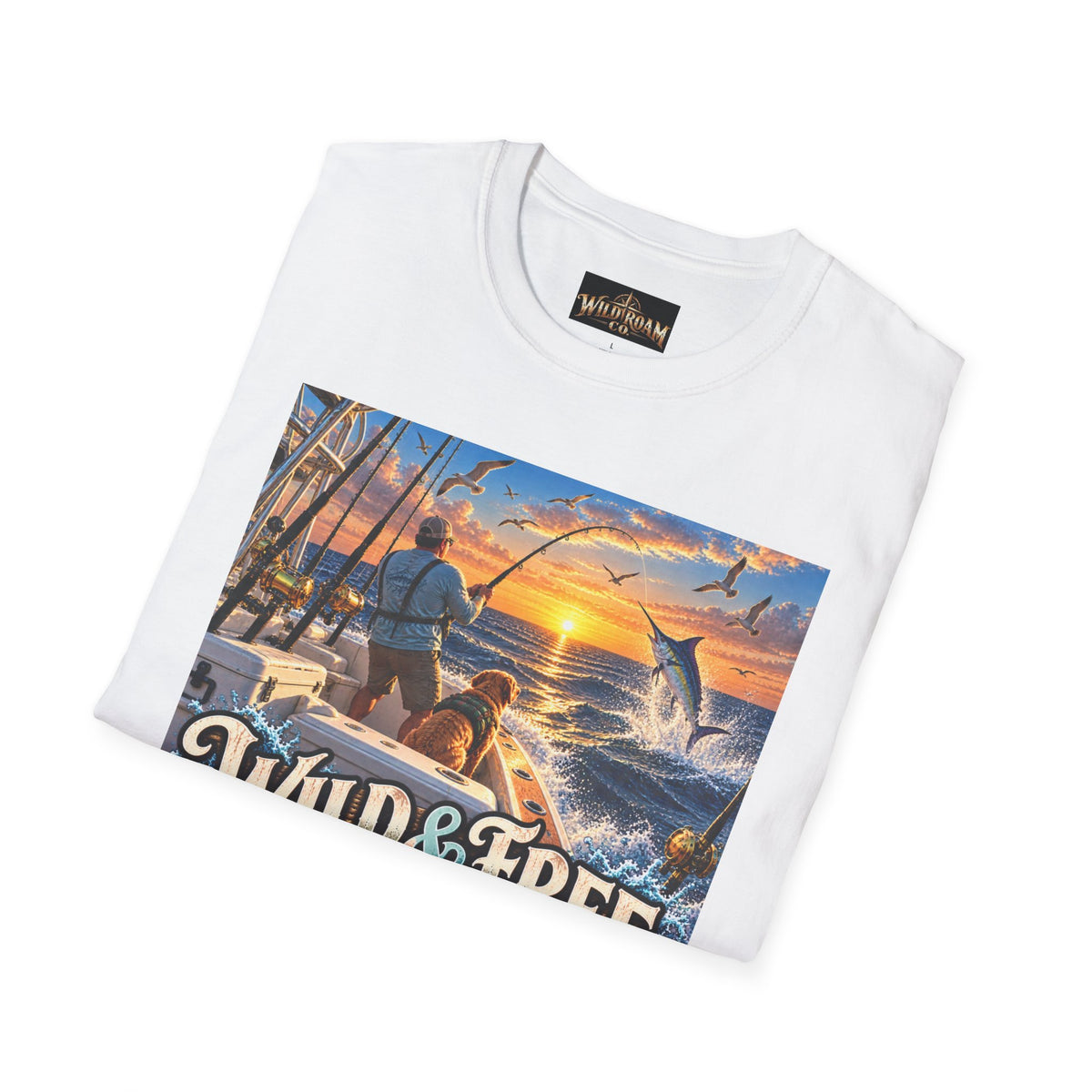 Wild & Free to Roam Fishing T-Shirt — Ocean Sunset Angler Tee