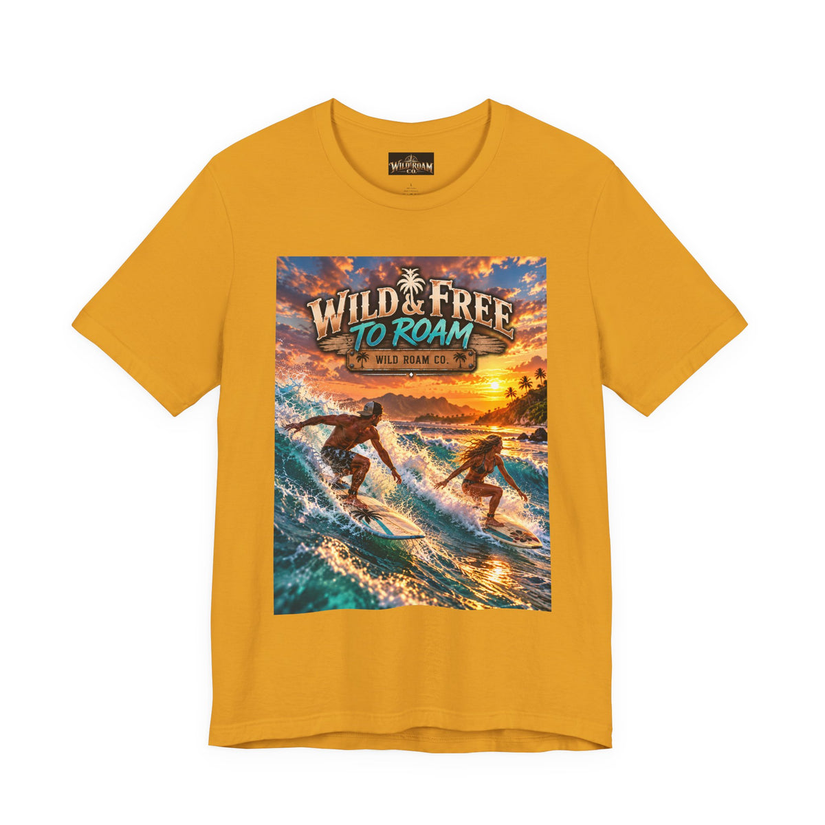 Surfing Sunset T‑Shirt — "Wild & Free to Roam" Beach Graphic Tee