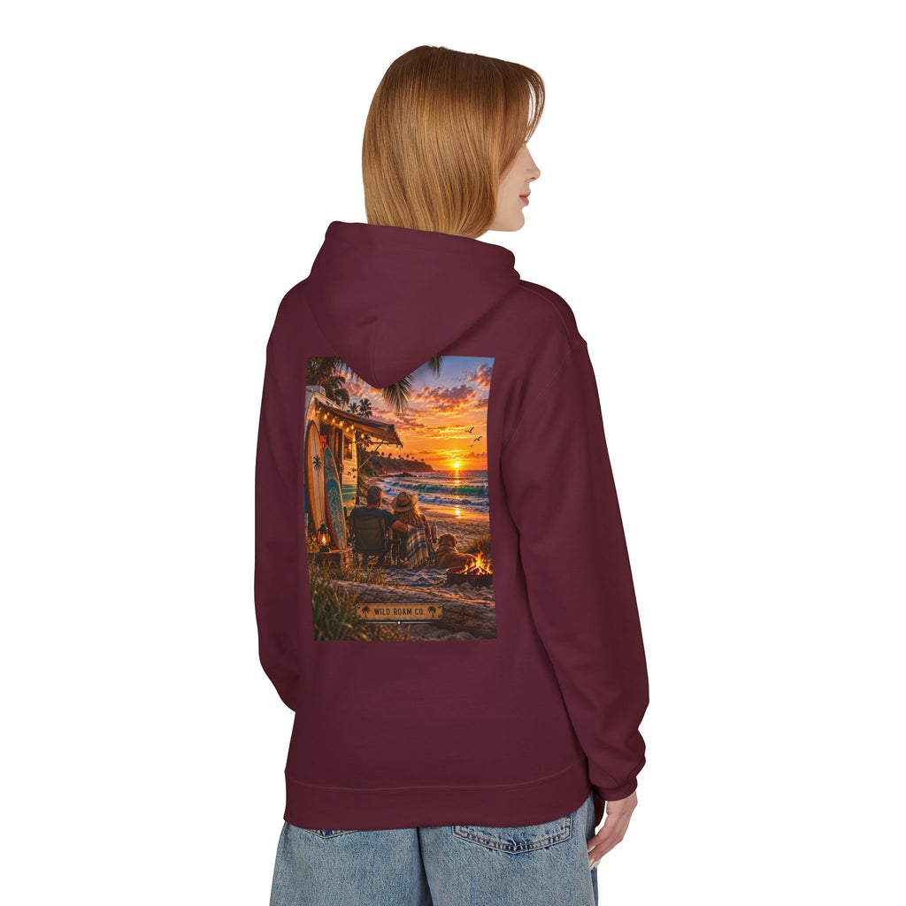 Wild Roam Co Hoodie--Surf Sunset Graphic Hoodie (Beach Sunset Surf Shack Design)