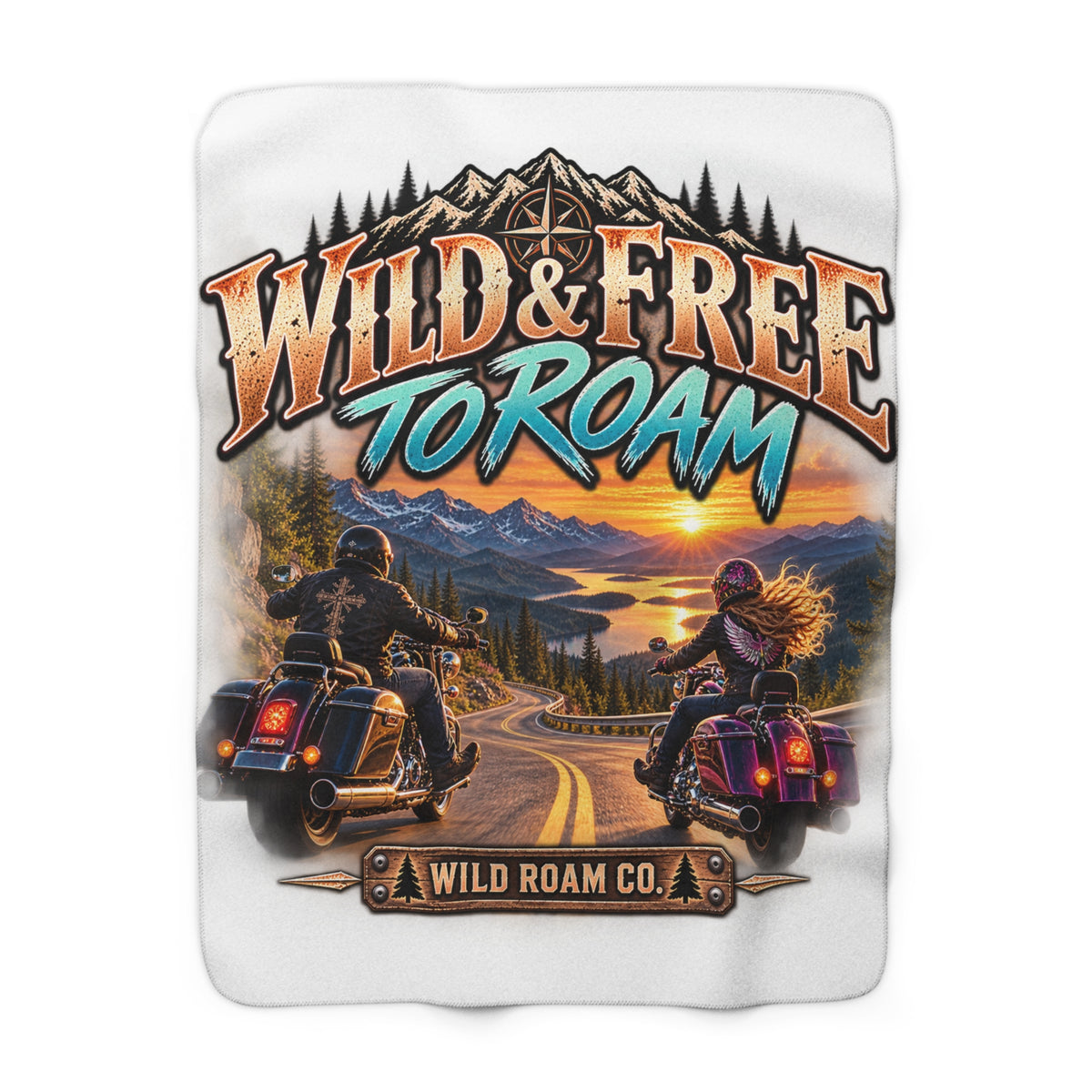 Sherpa Fleece Blanket — "Wild & Free to Roam" Motorcycle Adventure Throw
