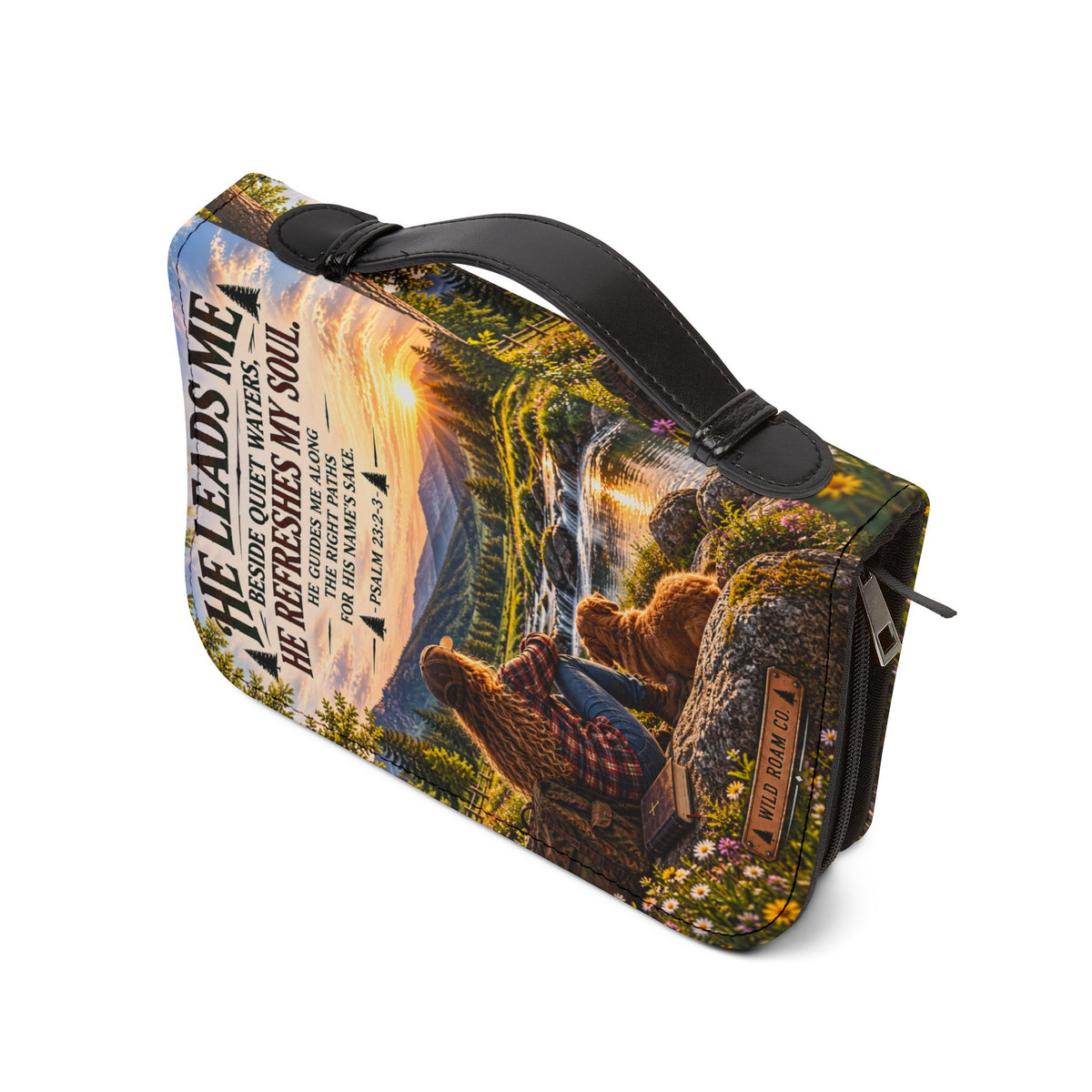 Men's Bible Cover — "He Leads Me Beside Quiet Waters" Psalm 23:2-3 Inspiring Outdoors Design
