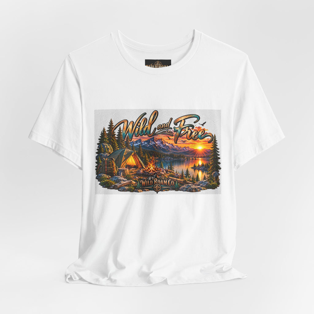 Wild and Free Camping T-Shirt — Mountain Lake Sunset Graphic Tee
