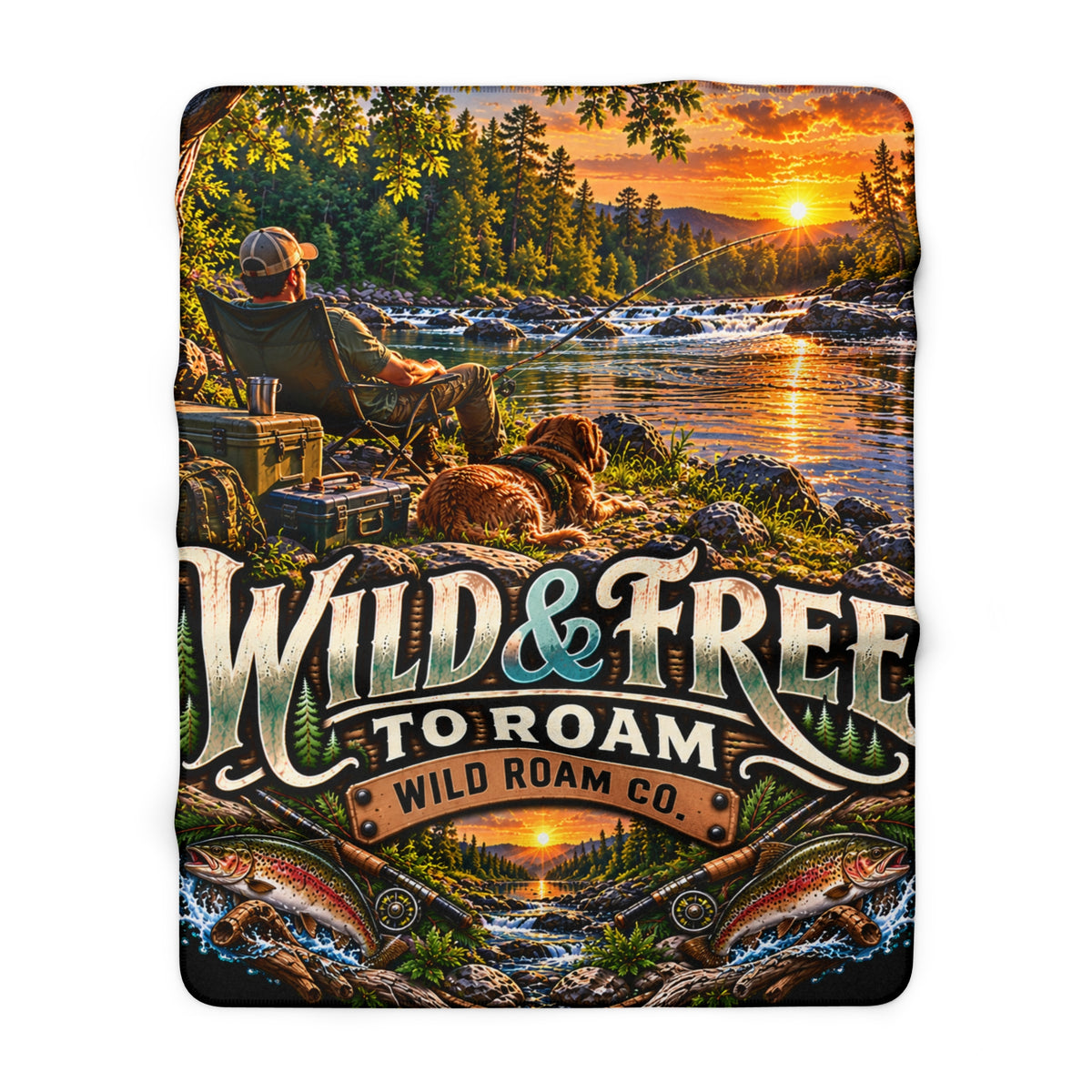 Wild & Free Sherpa Blanket — Outdoor Camping River Scene, 'Wild & Free to Roam' Cozy Throw