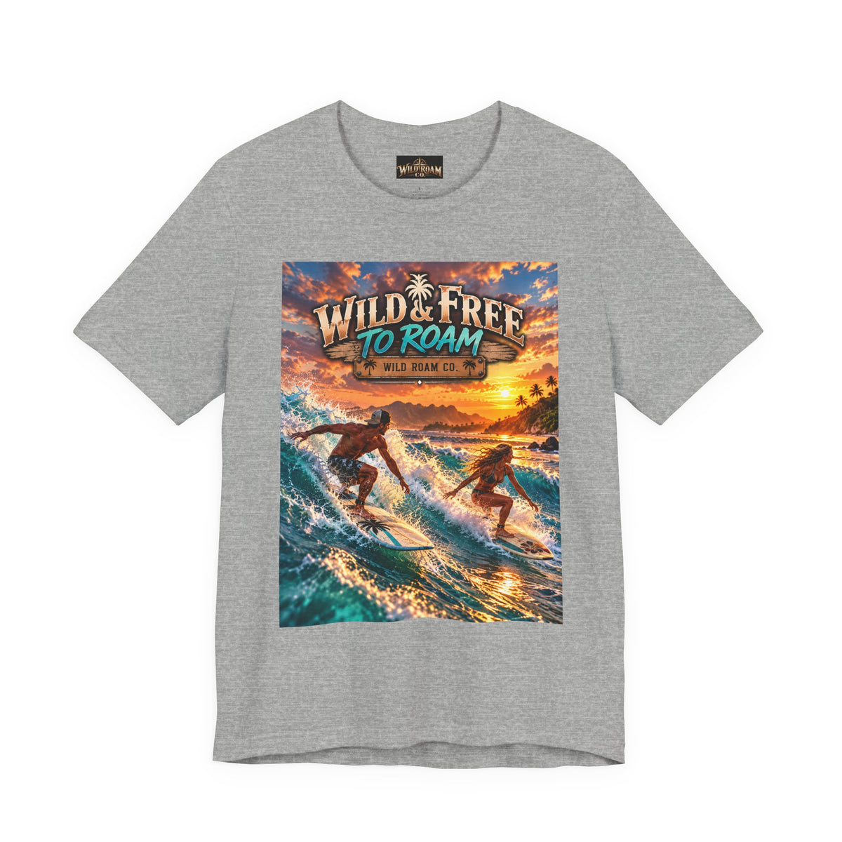 Surfing Sunset T‑Shirt — "Wild & Free to Roam" Beach Graphic Tee
