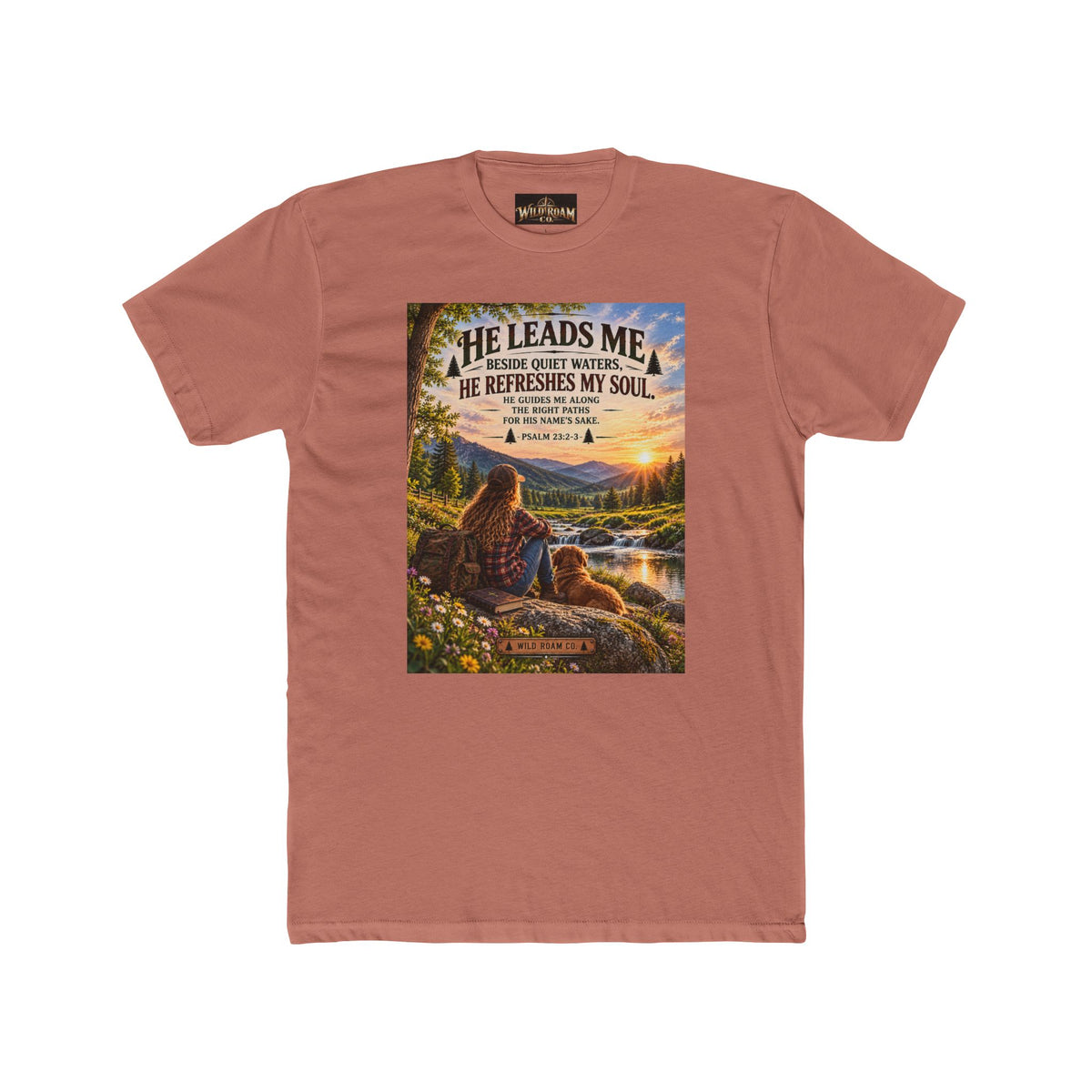 Women's Christian Shepherd Psalm T-Shirt — "He Leads Me Beside Quiet Waters" Scenic Faith Tee