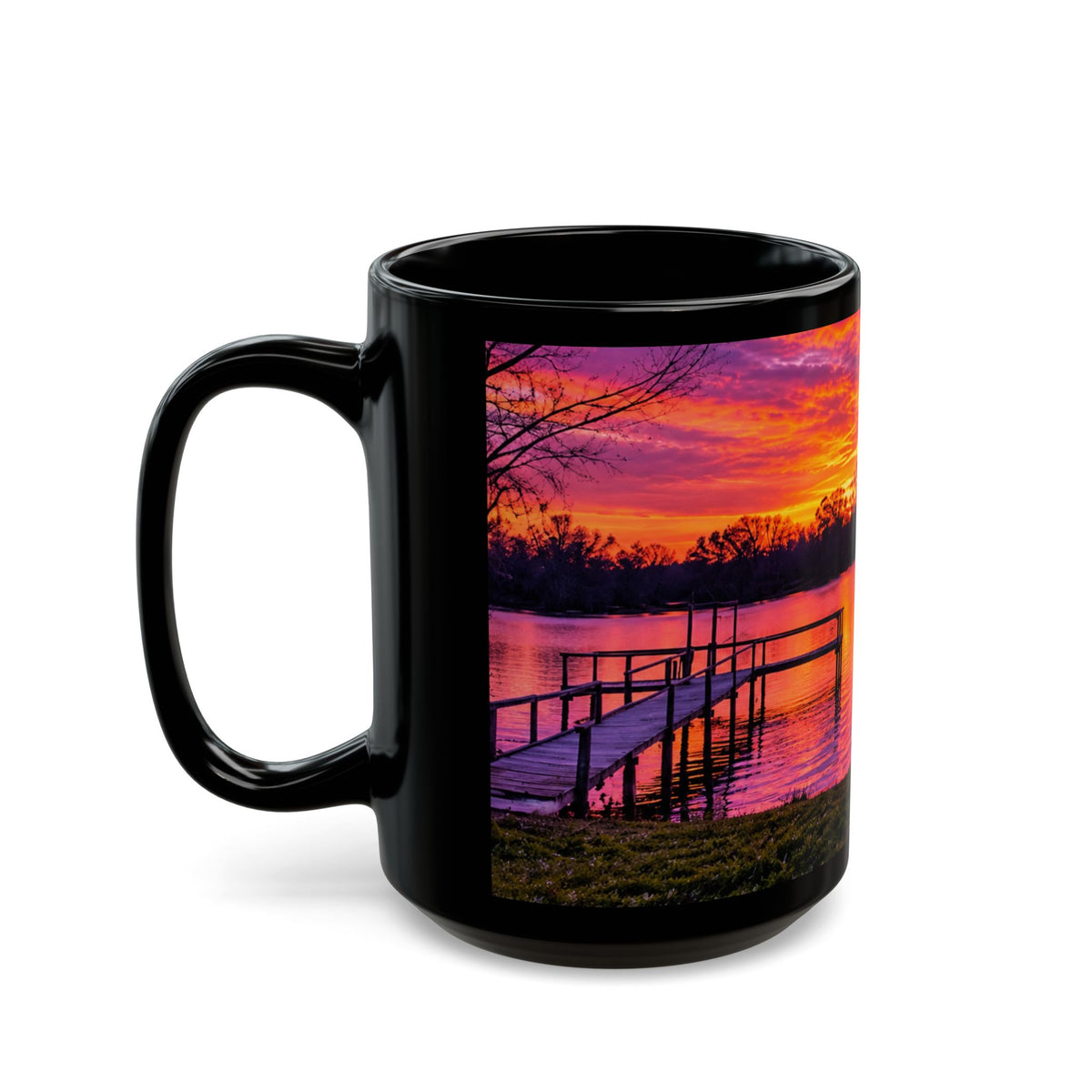Sunset Lake Black Mug — Vibrant Purple-Orange Scenic Coffee Cup (11oz, 15oz)